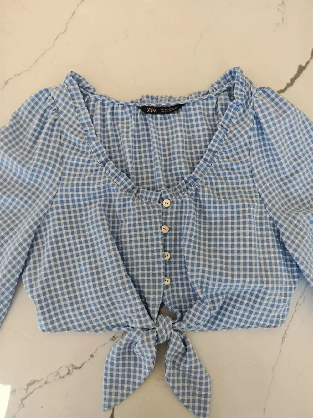 Zara Gingham Tie Front Top L | Blue Puff Sleeve Cottagecore Crop Blouse